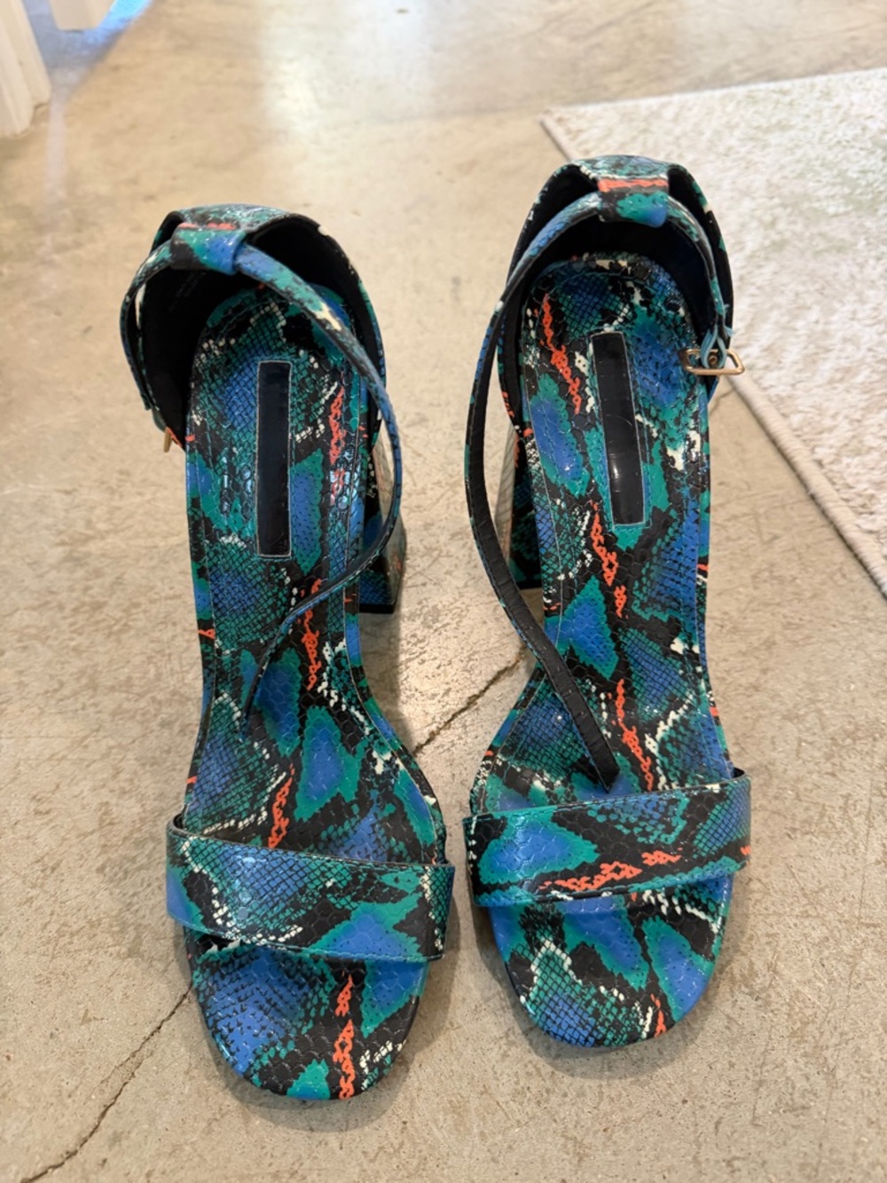 Snake-Print Teal & Black Strappy Ankle-Heel Sandals